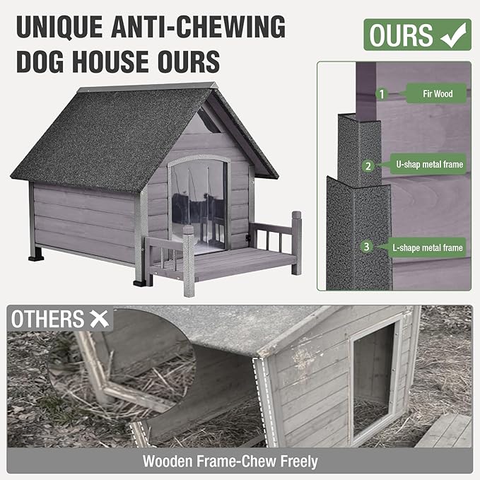 Dog House Outdoor Insulated for Winter, Puppy Kennel with Anti-Chewing Iron Frame, Weatherproof Dog Crate with Insulated Liner for Small Medium Large Dogs (Grey, 45" x 32.9" x 32.6")-Mewly Pet