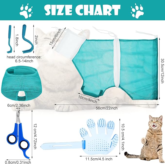 Patelai 5 Pcs Cat Bathing Bag Set Cat Grooming Bag Adjustable Pet Shower Net Muzzles Nail Clipper Tick Remover Tool Massage Brush(Green White)-Mewly Pet