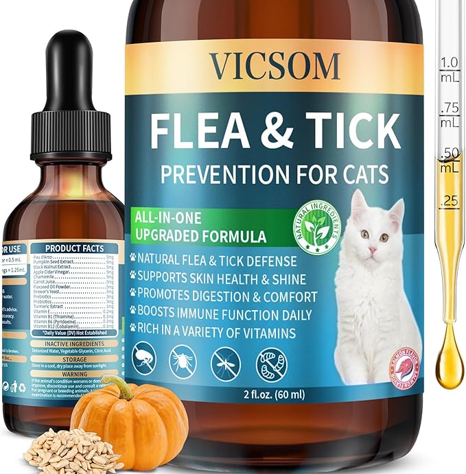 Natural Flea and Tick Prevention for Cats, Herbal Cat Flea and Tick Treatment Support Drops Flea Support with Prebiotics Probiotics for Cats Kitten - Ideal for Sensitive Cat - Salmon Flavor-Mewly Pet