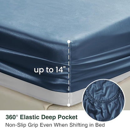 Love's cabin Satin Queen Sheets Set - 4 Piece Ash Blue Silky Bed Sheets Set with Deep Pocket, Luxury Silk Feel Satin Queen Size Sheet Set (1 Flat Sheet,1 Fitted Sheet,2 Pillow Cases)