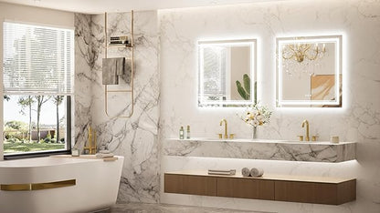 Keonjinn Bathroom LED Mirror 30 x 30 Inch Frontlit and Backlit, Tempered Glass Stepless 3 Colors Temperature & Dimmable Square Wall Mirror, UL Listed LED Driver, Double LED Strips, Anti-Fog