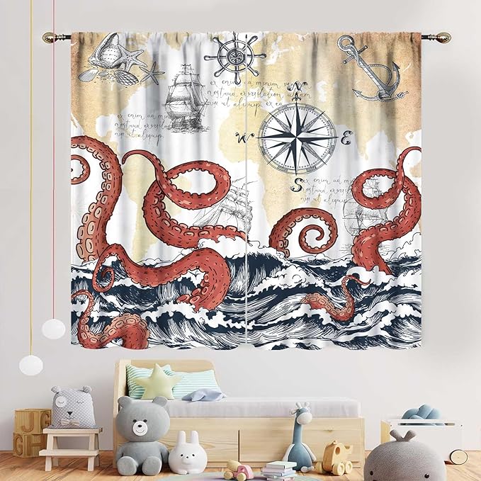 Nautical Octopus Curtains, Coastal Old Pirate Map Sailboat Compass Ocean Wave Kraken Octopus Tentacles Vintage Window Drapery Treatment for Bedroom Living Room Kitchen Bathroom 2 Panels, 84"x63" Inch