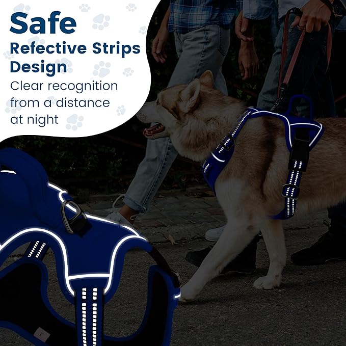 Funfox Dog Harness No Pull, Adjustable Pet Vest Harness, Super Soft Material with Vertical Handle Easy Control, Reflective Night Walking, 2 Leash Clips for Large Dogs, Blue, L-Mewly Pet