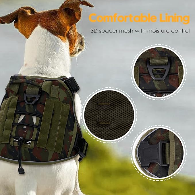 Heavy-Duty Tactical Dog Harness for Large Dogs, No Pull Adjustable Reflective Pet Vest with Molle System, K9 Military-Grade Control for Service Training, Outdoor & 10+ Breeds, Green Camo, XX-Large-Mewly Pet