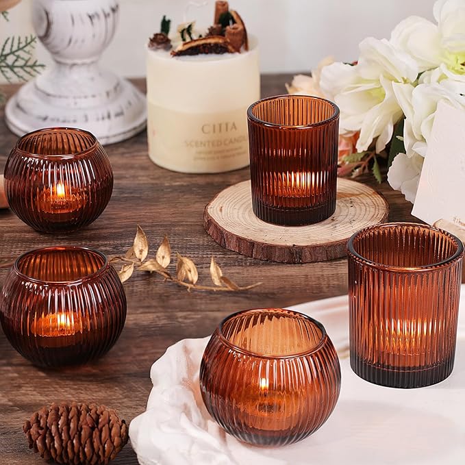 30pcs Assorted Ribbed Amber Votive Candle Holders, Amber Tea Lights Candle Holder for Wedding Decorations, Clear Glass Candle Holders for Fall Decor, Vintage Boho Party Home Table Centerpieces Decor
