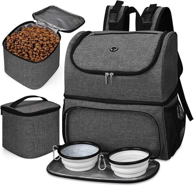 BAGLHER Pet Travel Bag, Double-Layer Pet Supplies Backpack (for All Pet Travel Supplies), Pet Travel Backpack with 2 Silicone Collapsible Bowls and 2 Food Baskets Grey-Mewly Pet