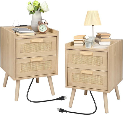 Finnhomy Nightstand with Charging Station, Bedside Table with 2 Hand Made Rattan Decorated Drawers, Night Stand with Storage for Bedroom, Natural, Set of 2