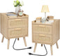 Finnhomy Nightstand with Charging Station, Bedside Table with 2 Hand Made Rattan Decorated Drawers, Night Stand with Storage for Bedroom, Natural, Set of 2