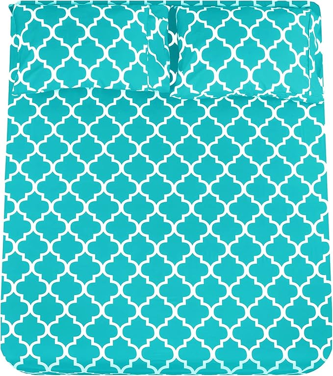 Mejoroom Queen Bed Sheet Set - Super Soft Brushed Microfiber - 1800 Thread Count Queen Sheets with 16 inch Deep Pocket - Wrinkle Free - 4 Piece(Queen, Aqua Quatrefoil with White Pattern)