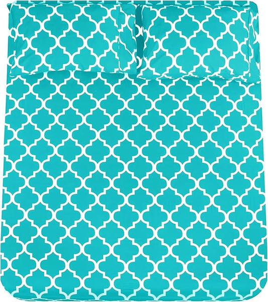 Mejoroom Queen Bed Sheet Set - Super Soft Brushed Microfiber - 1800 Thread Count Queen Sheets with 16 inch Deep Pocket - Wrinkle Free - 4 Piece(Queen, Aqua Quatrefoil with White Pattern)