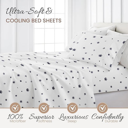 Linen Market Double-Brushed Patterned Microfiber Queen Sheet Set 4 Piece – Oeko-TEX Certified Ultra Soft & Wrinkle-Free - 16" Deep Pocket Sheets - Easy Care Queen Size - Indigo Flowers Navy