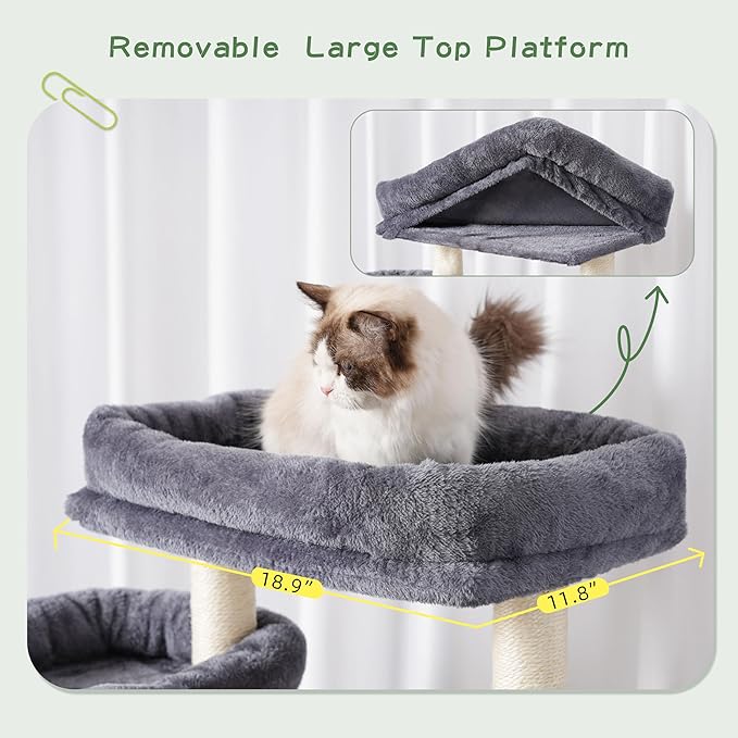 Cat Tree with Tunnel, Cat Tower for Indoor Cats, Tall Cat Tree Tower with Cat Condo, Food Station, Large Platform, Scratching Posts, Hammock, Smoky Gray GCT021G-Mewly Pet