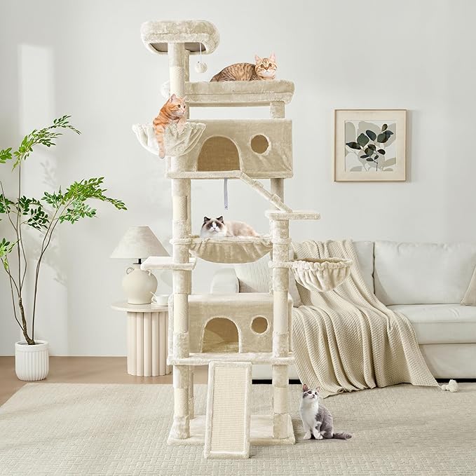 Cat Tree, 80-Inch Large Cat Tower with 9 Scratching Posts, 2 Perches, 2 Caves, 2 Basket, 2 Stairs, Extra Large Hammock, Pompoms, Multi-Level Plush Cat Condo for Indoor Cats/Beige-Mewly Pet