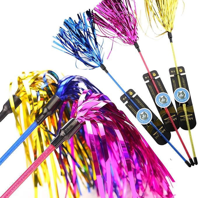 ADUCK Interactive Cat Teaser Wand Toy with Tassels - Durable Cat Chaser for Indoor Kitten Exercise, Boredom Relief & Training Play, Pack of 3 (Gold, Blue, Pink)-Mewly Pet
