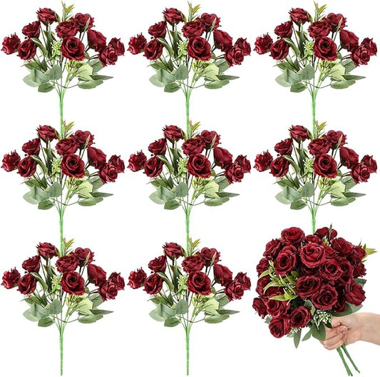 Zeyune 8 Pack 12 Inch Wedding Bouquets for Bride Bridesmaid Burgundy Artificial Rose Bouquet Fake Silk Roses Flowers Bunches Bulk for Home Office Garden Parties Decoration