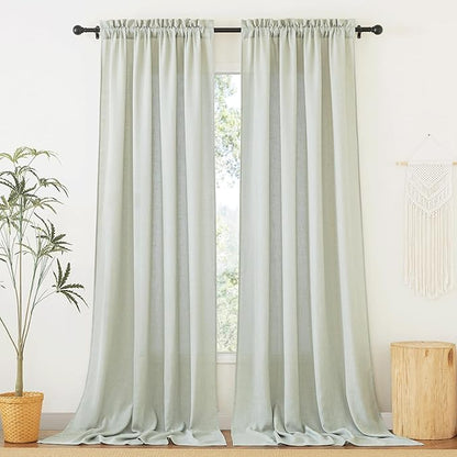 RYB HOME Thick Linen Curtains 102 inches Long, Wrinkle Resistance Semi Translucent Vertical Boho Linen Burlap for Living Room Kids Room Home Office, W 52 x L 102 inches, Sage Green, 2 Panels