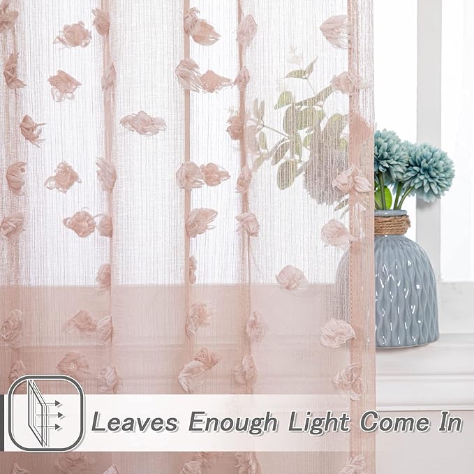 MYSKY HOME Pom Pom Pink Sheer Curtains for Bedroom Girls Room Dusty Rose Curtains 63 inch Length for Nursery Kids Light Filtering Boho Window Drapes, Rod Pocket, 52" Wide, 2 Panels