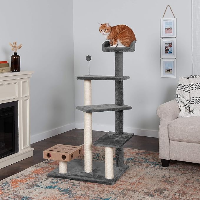 Furhaven 49.5" Tall Cat Tree for Indoor Cats, Ft. Sisal Scratching Posts, Plush Ball Toy, & Busy Box Toy - Tiger Tough Play Stairs Interactive Playground Tower - Gray, One Size-Mewly Pet