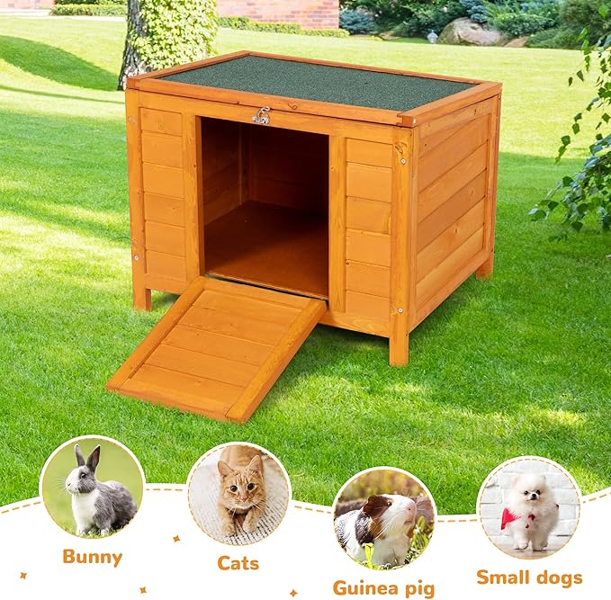 COZIWOW 24inches Wooden Catio Outdoor Cat House Small Animal House，Rabbit Hutch Indoor，Stable Weatherproof Bunny Cage Pet Shelter for Small Cat Dog Rabbit Guinea Pig(Orange)-Mewly Pet