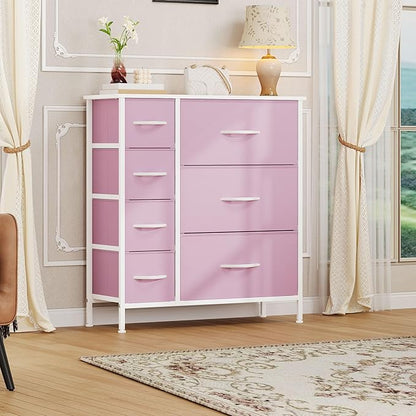 DWVO Dresser for Bedroom, 7 Drawers Fabric Dresser, Organizer Unit for Living Room, Hallway, Closets - Sturdy Steel Frame, Wooden Top & Easy Pull Fabric Bins, Pink