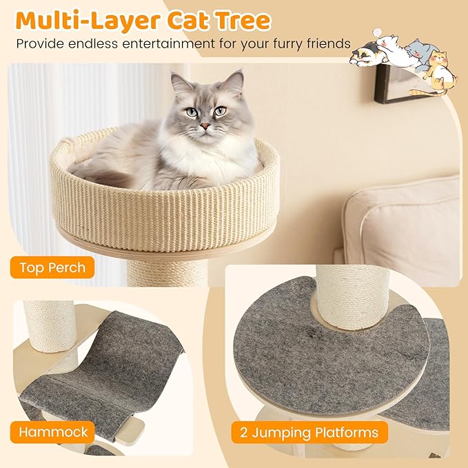 Tangkula Wood Cat Tree, 47 Inch Multi-Layer Cat Tower with 5.7” Thicker Sisal Covered Scratching Posts & Carpet, Padded Top Perch, 2 Jumping Platforms, Hammock, Modern Cat Tree Tower for Indoor Cats-Mewly Pet