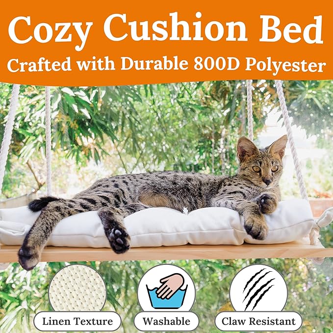 Cat Window Perch for Large Cats - Hammock Bed for Heavy Indoor Cats - Solid Wood Seat, 5 Strong Suction Cups, Soft Cushion - Rustic Shelf for Pets Inside-Mewly Pet