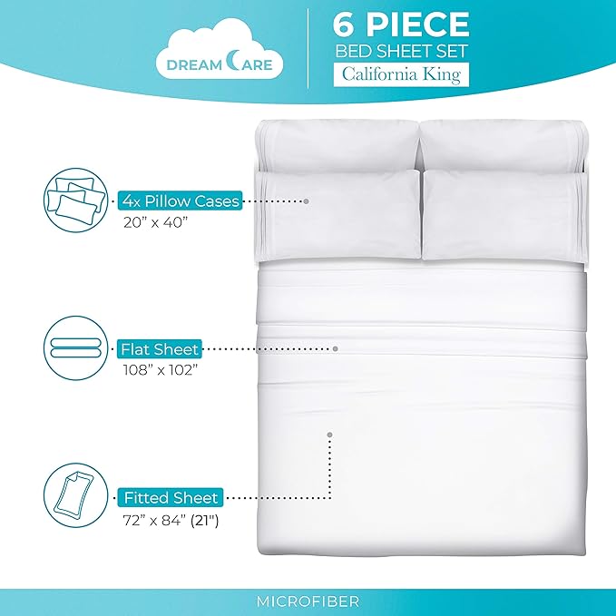 DREAMCARE California King Sheet Sets – 6 pcs Cooling Bed Sheets – up to 21” Deep Cal King Sheets – 2500 Supreme Collection – Extra Soft 100% Brushed Microfiber Hotel Luxury with Side Pocket – White