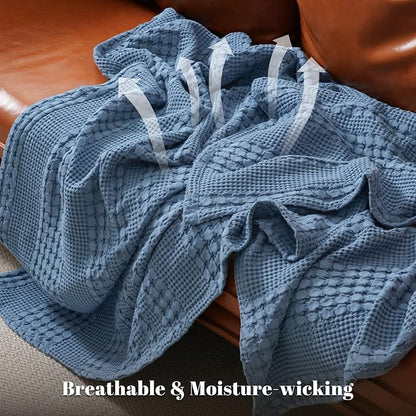 PHF 100% Cotton Waffle Weave Throw Blanket, Soft Lightweight Breathable Cozy Throws for Couch Bed Sofa, Luxury Aesthetic Woven Blanket for Home Decor & Office, 50"x60", Denim Blue