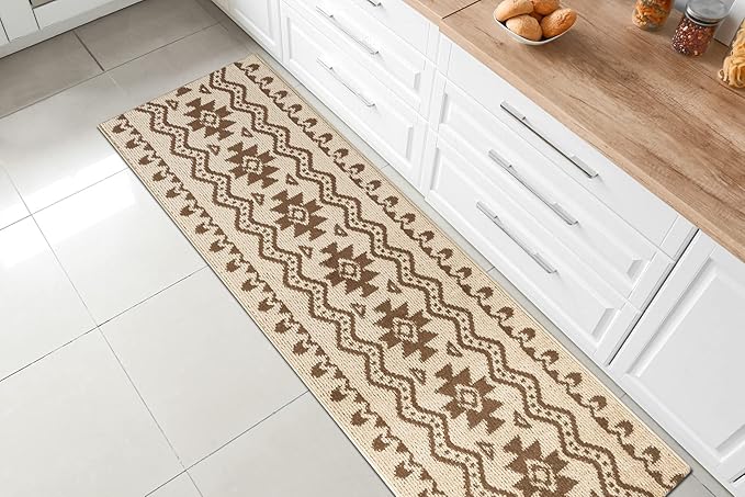 Custom Length Cut to Size Tribal Ethnic Southwestern Inspired Hallway Runner Rug, Non Slip Rubber Backed, 31 inch Wide X Customized Length, Aztec Beige, 31 inch X 6 feet