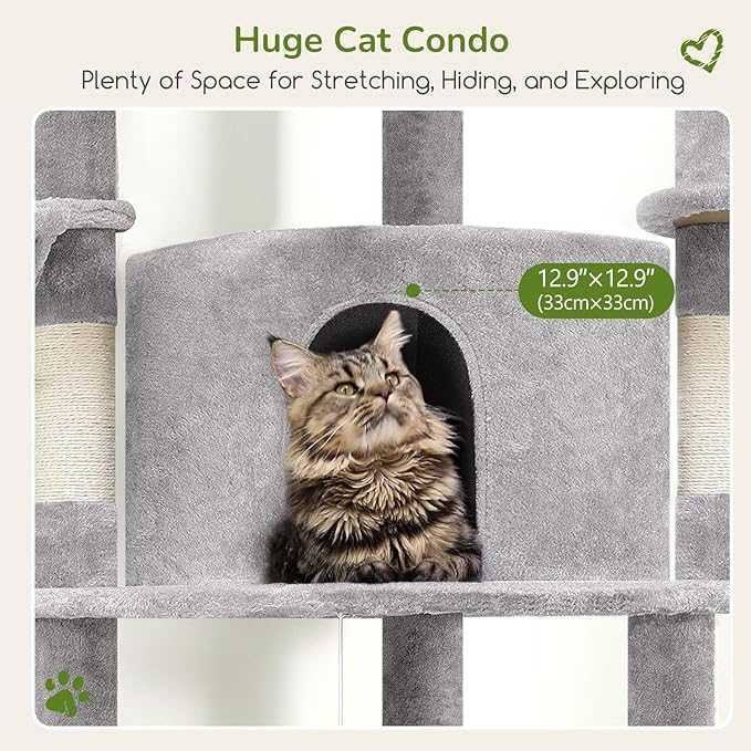 Globlazer Corner Cat Tree Tower for Indoor Cats, 51in Multi-Level Cat Condo Tower with Large Hammock, 7 Sisal Scratching Posts, Oversized Top Perch, Spacious Cat Cave, Hanging Basket, C51, Light Gray-Mewly Pet