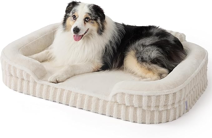 LE SURE Cute L-Plus Dog Beds, Orthopedic Waterproof Large Pet Bed with Sides, Non-Slip Bottom and Egg-Crate Foam Dog Couch Sofa with Washable Removable Cover, Beige-Mewly Pet
