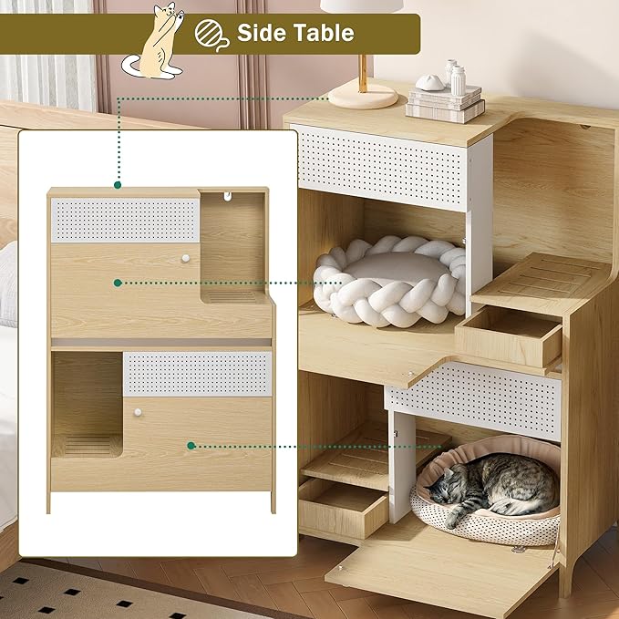 Cat Litter Box Enclosure Furniture Hidden Indoor 2-in-1 Wooden Cat House & Washroom Cabinet with Drawer for 2 Cats, 31.4"x15.7"x44.8"H-Mewly Pet