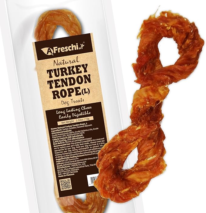 Afreschi Natural Turkey Tendon Rope (L) 1 Unit per Pack, Dog Treats for Signature Series, All Natural Human Grade Puppy Chew, USA-Sourced Turkey Tendon, Hypoallergenic, Rawhide Alternative-Mewly Pet