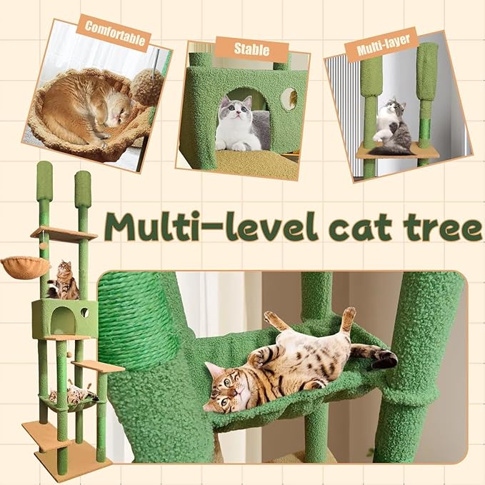 96.5"-108" Cat Tree Floor to Ceiling 7-Tier Cat Tower Adjustable Height with Scratching Posts, Cozy Hammock, Cat Condo for Indoor Cats(Green)-Mewly Pet