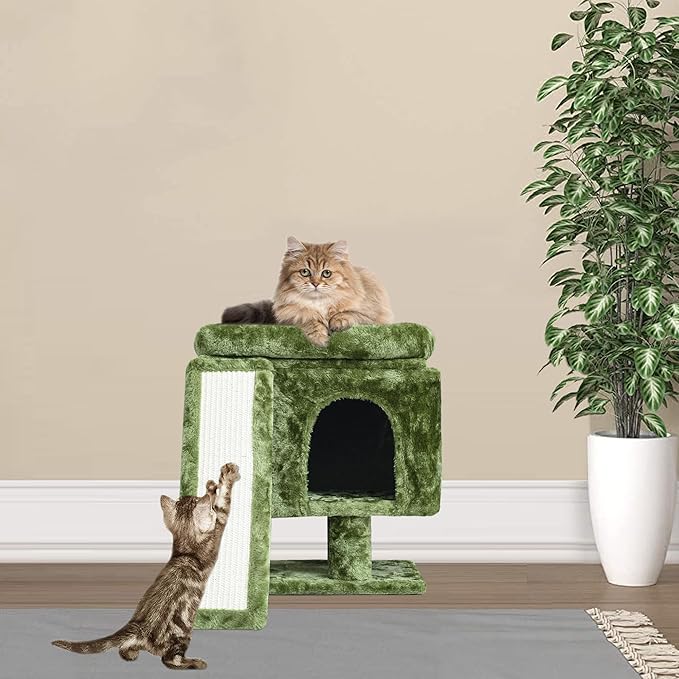 YANDLVY Small Cat Tower for Cats, Cute Cat Tree for Indoor Cats, Kittens Condo with Scratching Post and Board, Cat Cave, Modern Cat Activity House with Plush Perch (Green)-Mewly Pet