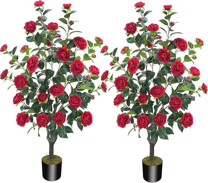 3.6FT Artificial Camellia Fake Tree, Artificial Plants & Flowers with 32 Red Flowers for Door Front Decoration Porch Patio Living Room Office Indoor Outdoor Decor (2PCS Contains Dried Moss)