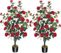 3.6FT Artificial Camellia Fake Tree, Artificial Plants & Flowers with 32 Red Flowers for Door Front Decoration Porch Patio Living Room Office Indoor Outdoor Decor (2PCS Contains Dried Moss)