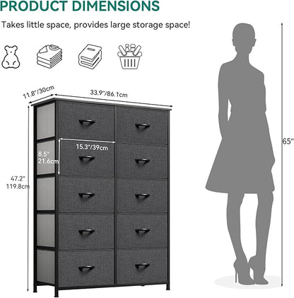 YITAHOME 10 Drawer Dresser - Fabric Storage Tower, Organizer Unit for Bedroom, Living Room, Hallway, Closets - Sturdy Steel Frame, Wooden Top & Easy Pull Fabric Bins (Black Grey)