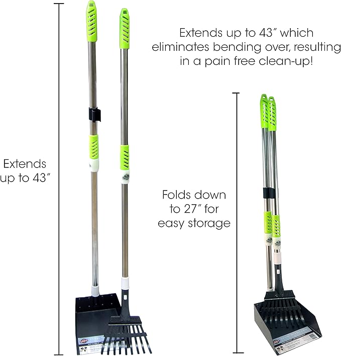 Aluminum Telescoping Metal Handled Poop Tray with Rake Sturdy Lightweight Pooper Scooper Extends 43" Long Scoop Great for Large & Small Dogs (2154)-Mewly Pet