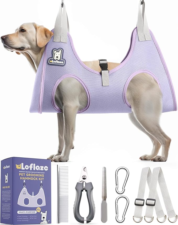 Dog Grooming Hammock Harness for Dogs & Cats with Pet Nail Clipper Trimmer - Cat Hanger Sling for Trimming Clipping Nails- Dog Hammock Restraint Bag for Small Medium Large pet （ Purple XL）-Mewly Pet