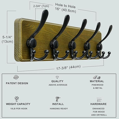 Dseap Coat Rack Wall Mount - Heavy-Duty Robust Barnwood-Style Wooden Wall Coat Hanger Hook Rail with 5 Triple Hooks for Winter Coats Hat Jacket Clothing, Weathered Green & Black, Pack of 2