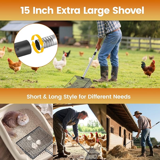 15 inch Extra Large Chicken Poop Scooper with Ergonomic Grip,5-in-1 Heavy Duty Adjustable Coop Scoop for Poop (24 to 68"), Stainless Steel Sifting Litter Shovel Scoop for Chicken Coop-Mewly Pet