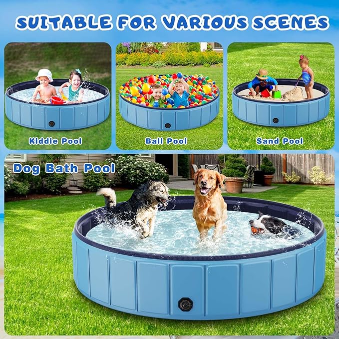 Foldable Dog Swimming Pool, Totiro 91"x16" Oversize Collapsable Hard Plastic Portable Bathing Tub for Pet Dog Kiddie Pool Indoor and Outdoor Leakproof PVC Play Pool for Large Dogs Pets Puppy Kids Blue-Mewly Pet