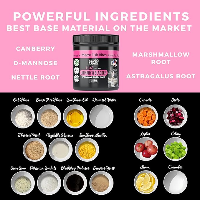 Pet Chef Feline Treats - Fix Cat UTI - Natural & Organic UTI Remedy for Cats. Feline UTI Prevention - Low Calories- Reduce cat Fur Balls, and Vomiting. Cat Urine Crystals Prevention.-Mewly Pet