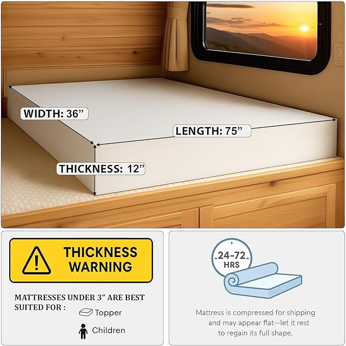 Foamma 12” x 36” x 75” Truck, Camper, RV High-Density Bunk Mattress Foam Replacement, Made in USA, Comfortable, Travel Trailer, CertiPUR-US Certified, Cover Not Included