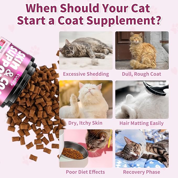 Natural Skin and Coat Support for Cats - Crunchy & Creamy Chews with Omega 3, Biotin & Vitamin E for Healthy Skin, Shiny Fur, Cat Supplements & Vitamins -Chicken（500 Chews-Mewly Pet