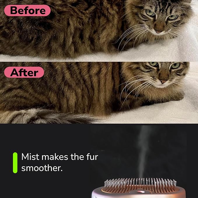 Misty - Moisturizing Pet Comb - Hair Brush with Mist, One-Click Clean, & Stainless Steel Bristles - Anti-Static Deshedding - Smooth Grooming for Cats, Dogs, & Small Pets - No Handle Compact Design-Mewly Pet