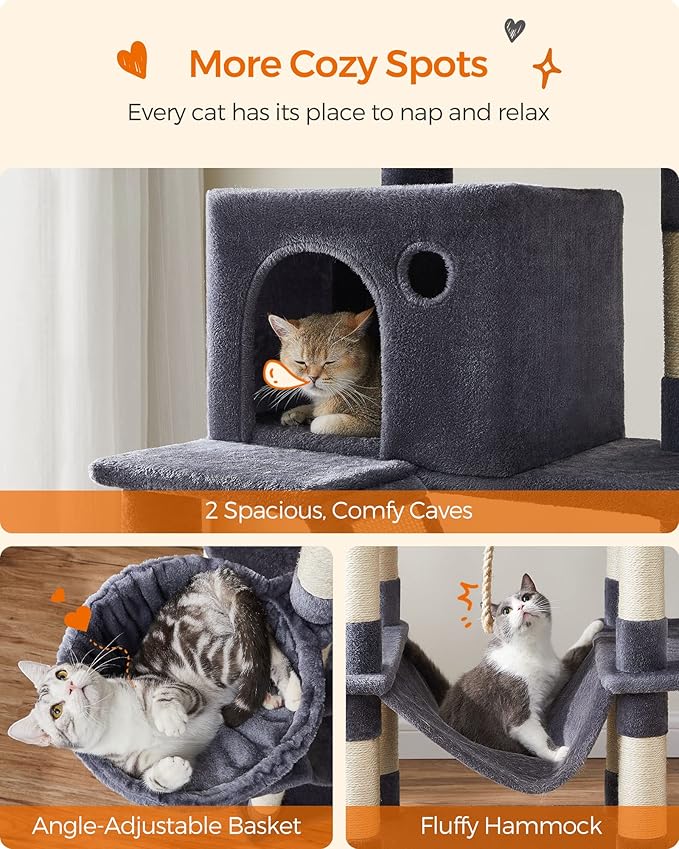 Feandrea Cat Tree, 81.1-Inch Large Cat Tower with 13 Scratching Posts, 2 Perches, 2 Caves, Basket, Hammock, Pompoms, Multi-Level Plush Cat Condo for Indoor Cats, Smoky Gray UPCT190G01-Mewly Pet