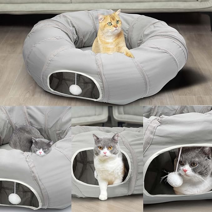 AUOON Cat Play Tunnel - Round Cat Tunnel with Bed | Interactive Cat Toys for Indoor Cats Kitten Kitty Puppy Rabbit Ferret (Light Grey)-Mewly Pet