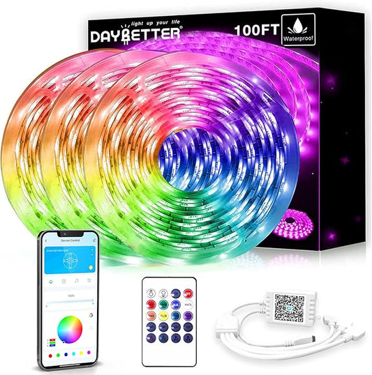 DAYBETTER Waterproof Led Lights for Bedroom, 100ft (3 Rolls of 32.8ft) Led Strip Lights, 900 LEDs Color Changing RGB 44 Keys Remote Controller, 12v for Outdoor Room Home Party Christmas Decoration